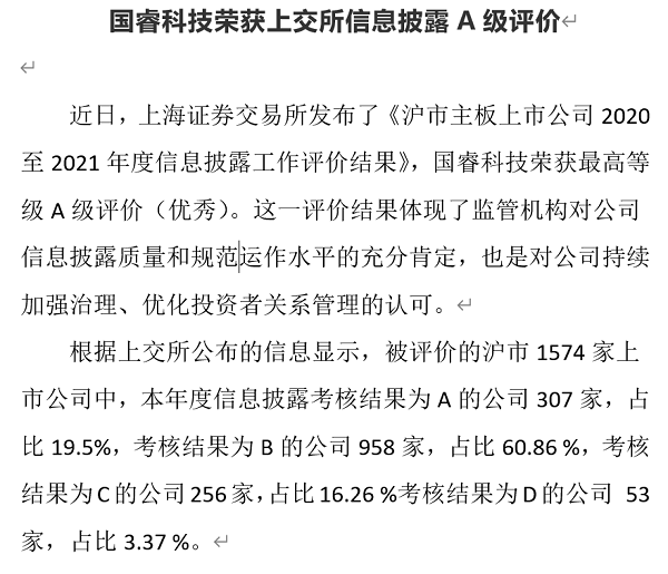 國(guó)睿科(kē)技(jì )榮獲上交所信息披露A級評價